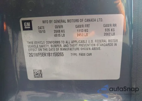 2011 Chevrolet Impala Ls z USA, uszkodzony, nr VIN 2G1WF5EK1B1158265